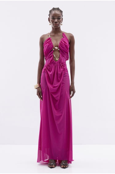 Davis Plunge Chain Asymmetric Maxi Dress In Hot Pink