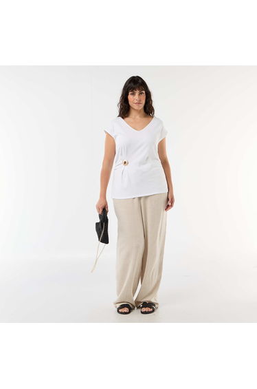 Draped T-shirt with Gold Brooch Detail WHITE