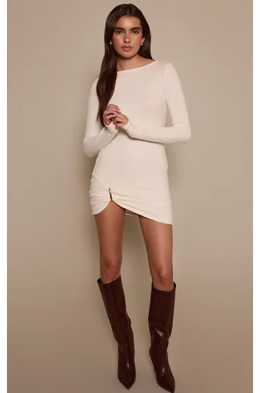 Cream Soft Touch Wrap Detail Bodycon Mini Dress