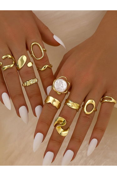 Set of 11 - Faux Pearl Decor Cuff Rings