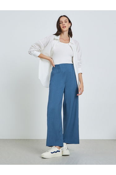 Blue Elastic Waist Wide Leg Pants