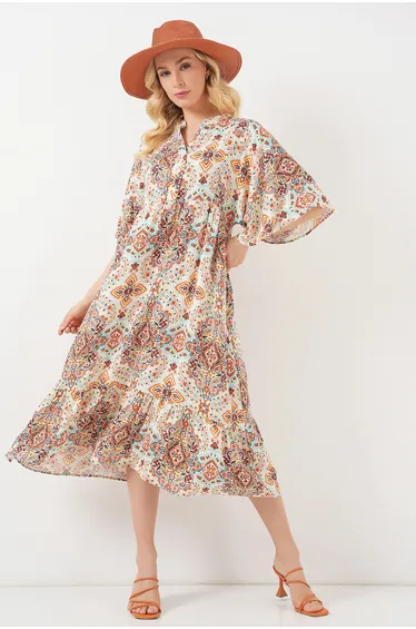 BDART Printed V-Neck Midi Dress with Three Quarter Sleeves