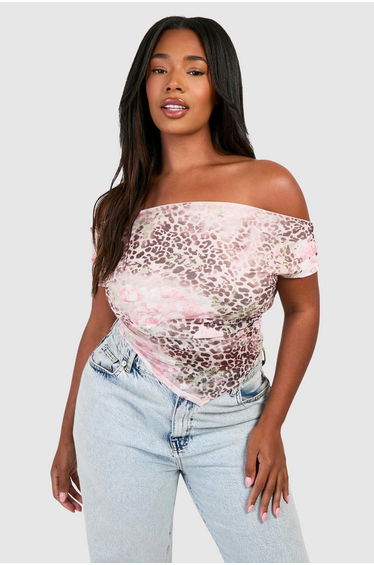 Plus Faded Leopard Mesh Cowl Front And Back Top - brown
