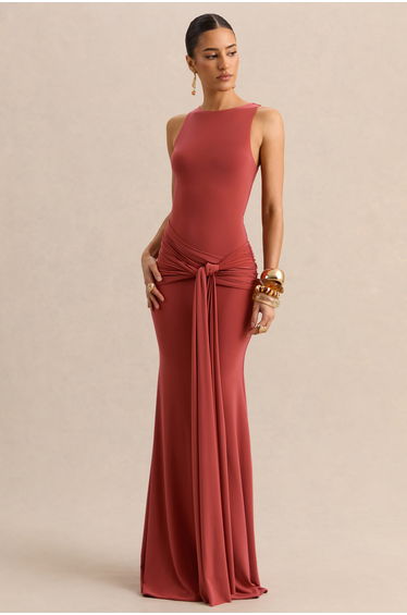 Cherine | Rust Round-Neck Maxi Dress With Gathered-Detailing And Sash