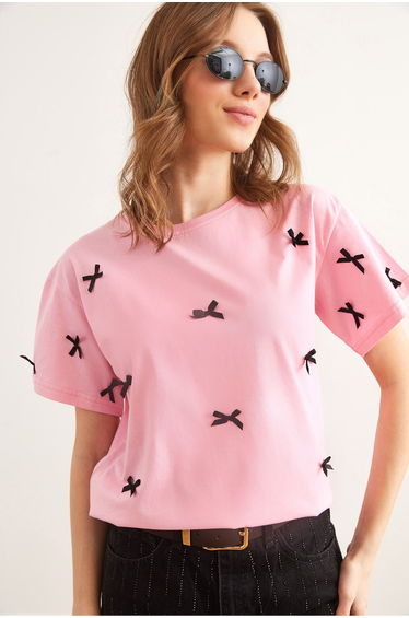 Women's Pink Bow Detailed Regular Fit Cotton T-Shirt T