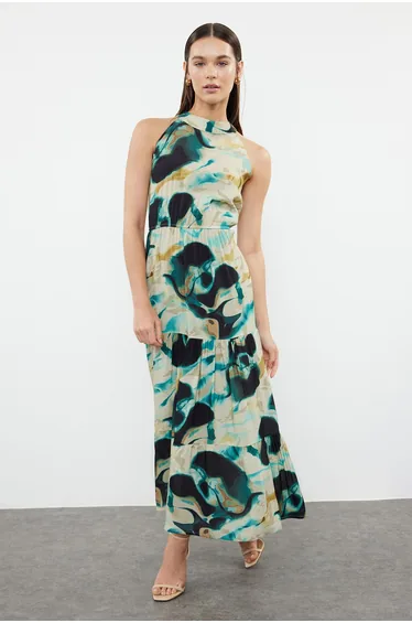 Black Abstract Patterned A-Line Halter Neck Maxi Woven Dress
