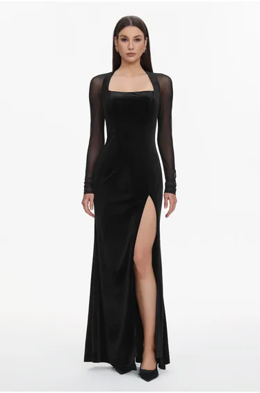 Rae Elegant Contour Long Sleeve High Slit Velvet Maxi Dress