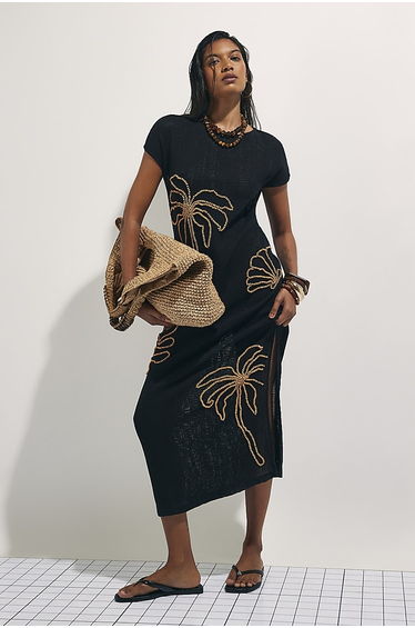 Black Knit Beaded Midi Beach Dress