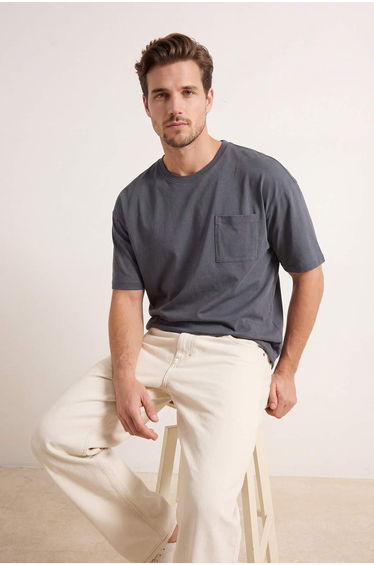 Anthracite Oversized /Wide 100% Cotton Crew Neck Pocket T-Shirt