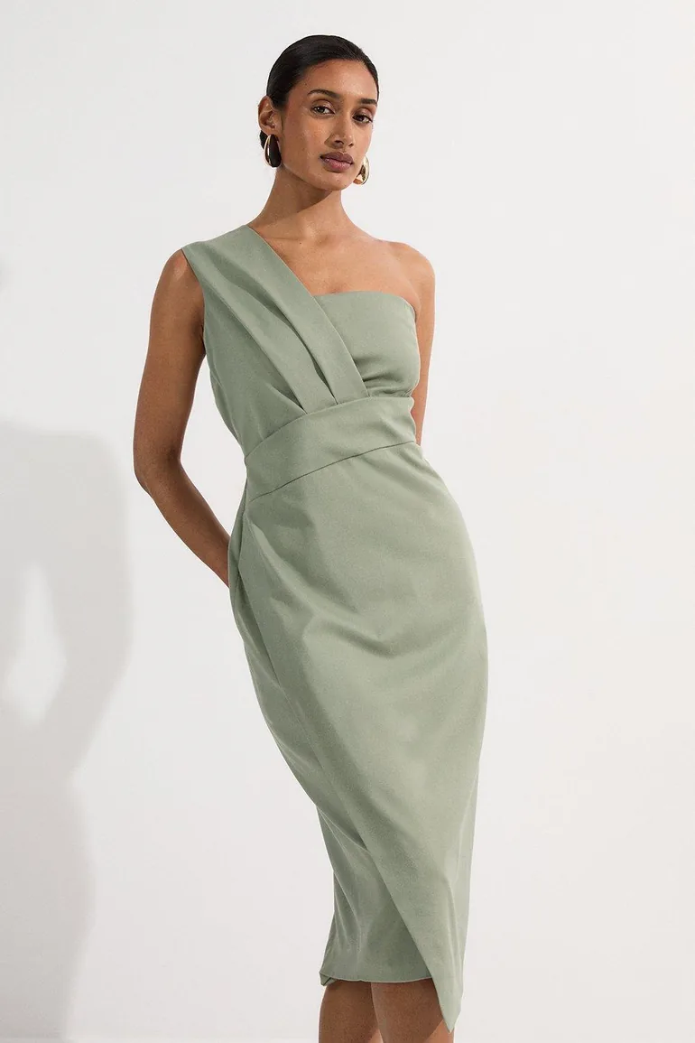 Tailored One Shoulder Tuck Detail Pencil Midi Dress Karen Millen Green :  Evening Dresses : VogaCloset Oman