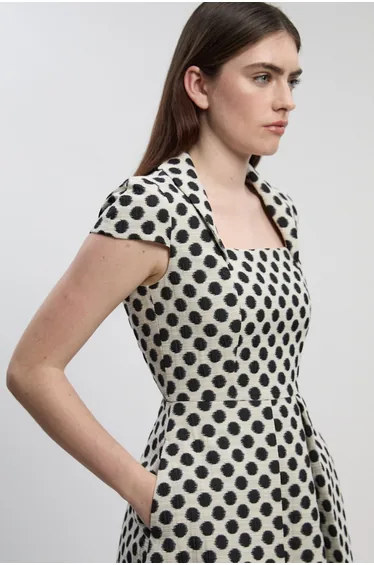 Spot Jacquard Square Neck Tailored Full Skirted Midi Dress