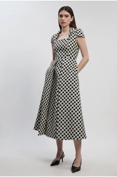 Spot Jacquard Square Neck Tailored Full Skirted Midi Dress