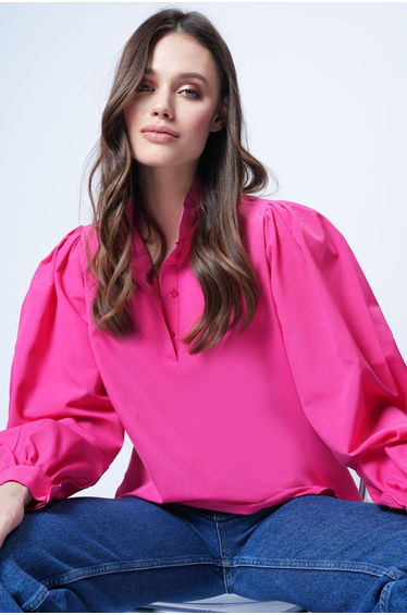 Women's Fuchsia Judge Collar Half Placket Balloon Sleeve Poplin Shirt Blouse