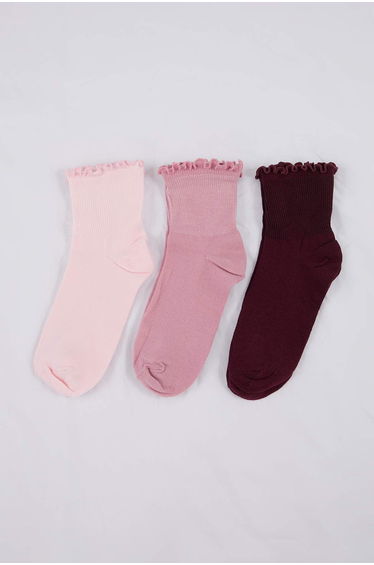 Pink-Multicolor 3-Piece Plain Jacquard Knitted Socks