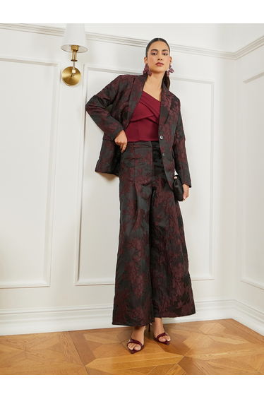 Burgundy Jacquard Wide Leg Trousers