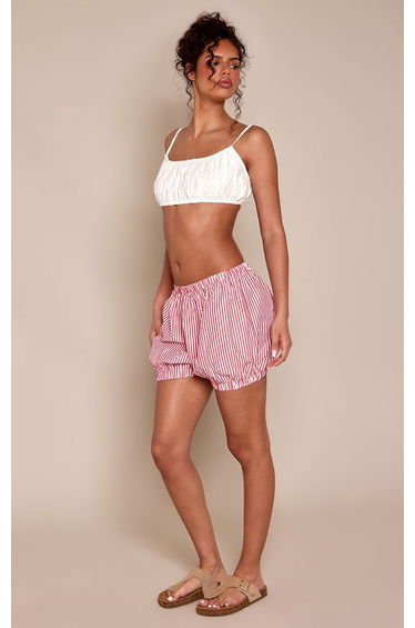 Red Striped Puffball Shorts
