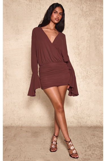Chocolate Chiffon V Neck Ruched Mini Dress