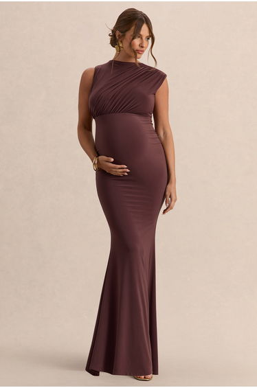 Osanna | Dark Brown Wide-Neck Maternity Maxi Dress With Ruched Detailing