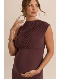 Osanna | Dark Brown Wide-Neck Maternity Maxi Dress With Ruched Detailing - 3
