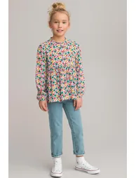 Floral Print Draping Shirt with Long Sleeves