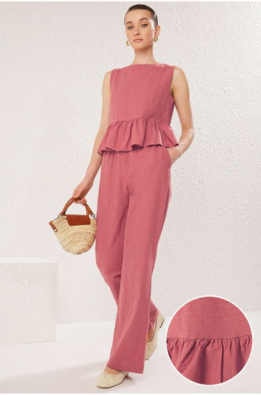Pink Linen Look Crew Neck Blouse and Trousers Woven Bottom-Top Set