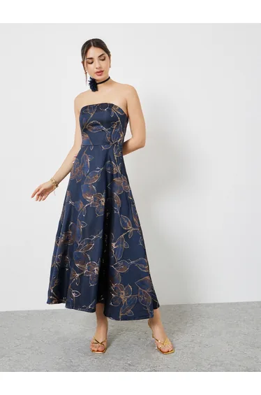 Navy Blue Floral Bandeau Neck A-Line Maxi Dress