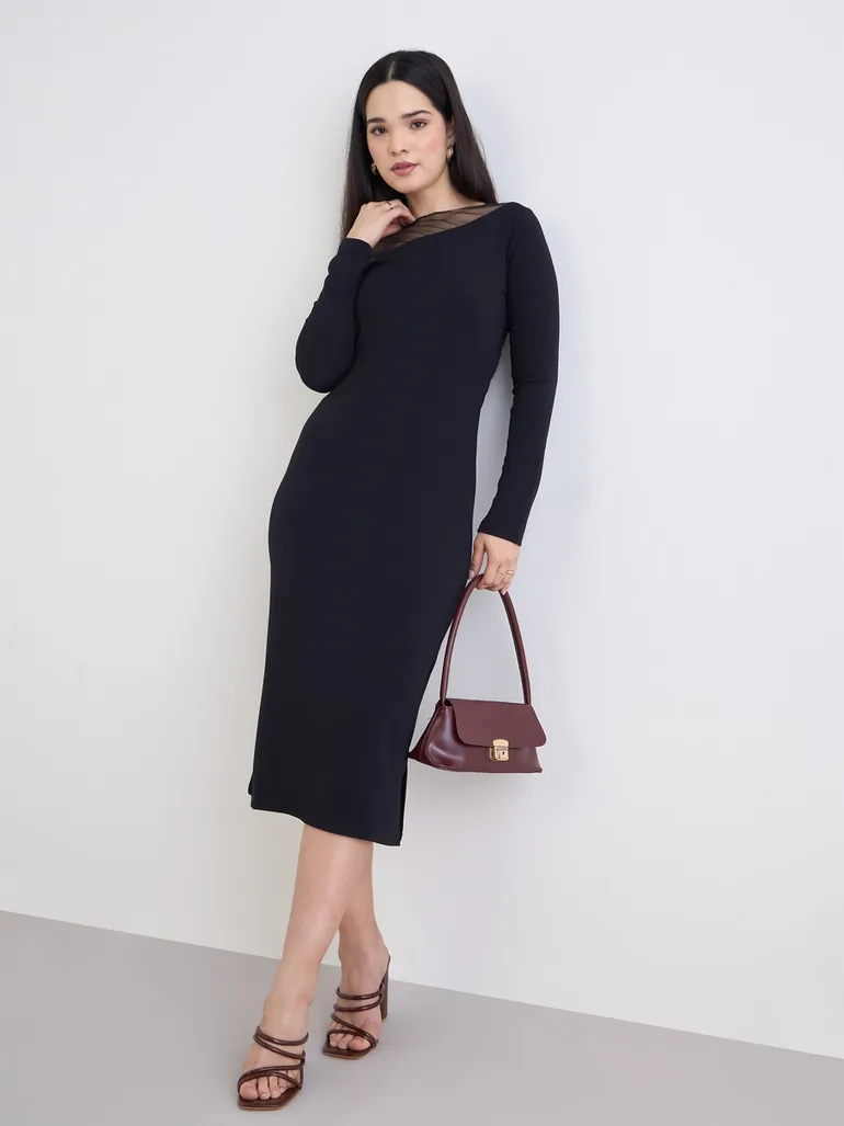 black mesh insert midi dress Women Black Mesh Insert Midi Dress Styli Black : Day Dresses : VogaCloset  Oman