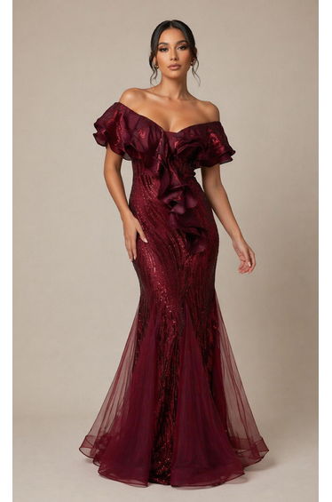 Sorelle Maroon Embellished Ruffle Maxi Dress