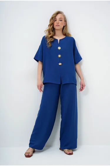 Women's Navy Blue V-Neck Metal Gold Button Detail Aerobin Blouse and Pant Alt Top Suit