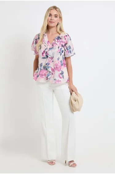 Petite Floral Ruffle Front Short Sleeve Top