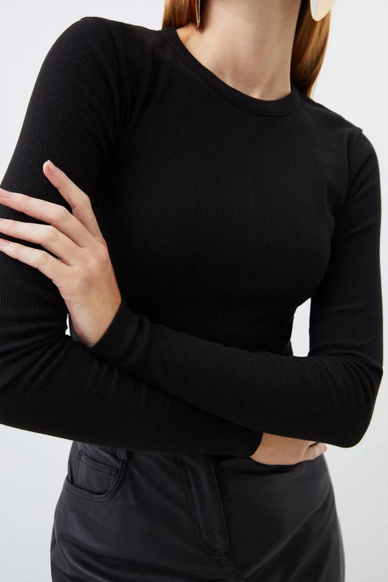 Compact Jersey Long Sleeve Ribbed Top - 1