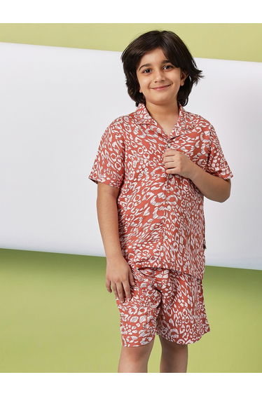 Boys Brown Printed Rayon Shirt and Shorts Set
