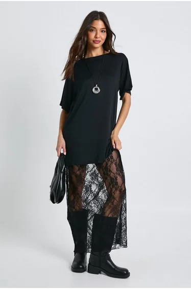 Lace Detail Midaxi T-shirt Dress - black
