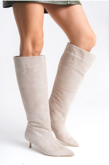 Beige Thin Heeled Suede Women's Boots