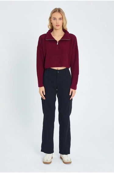 Mixray Textured Long Sleeve Zipped Collar Sweater