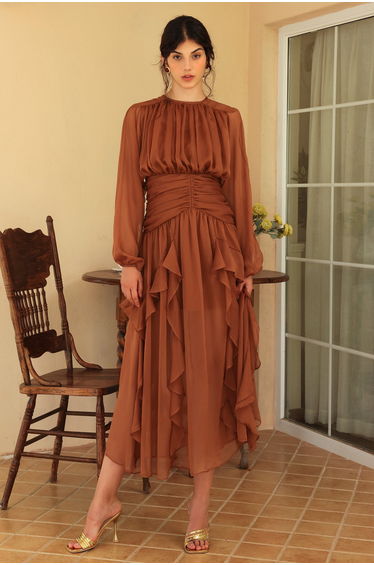 Méryl Tiered Ruffle Dress Brown in Brown