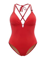 Red V-Neck Bead Accessory Swimsuit - 2