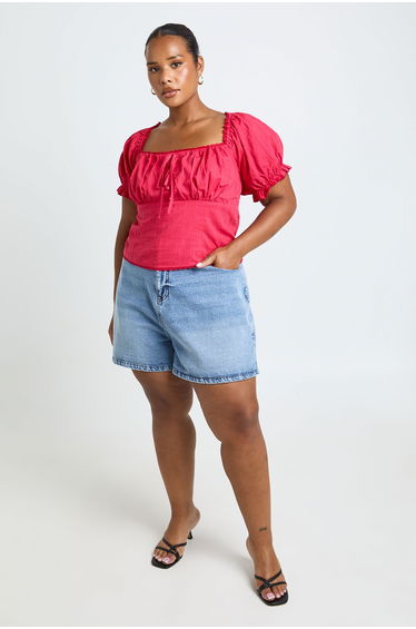 Plus Puff Sleeve Button Down Corset - Pink