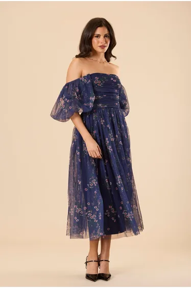 Lana Puff Sleeve Tulle Midi Dress in Navy Floral
