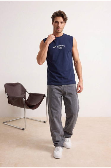 Navy Blue Regular Cut Slogan Printed 100% Cotton Undershirt