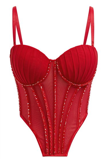 Bead Embellished Pleated Mesh Bustier Top in Red