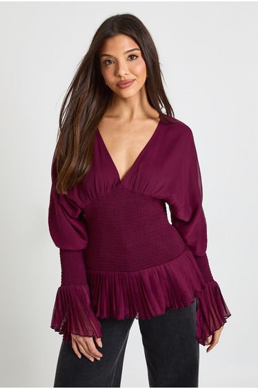 Chiffon Shirred Blouse - wine