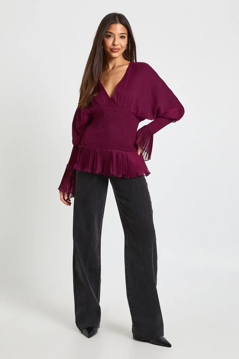 بوهو بلوزة شيفون أحمر بكسرات بأكمام طويلة - 2