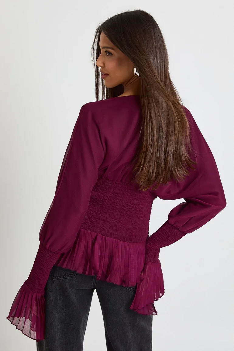 بوهو بلوزة شيفون أحمر بكسرات بأكمام طويلة - 1
