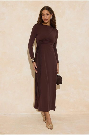 Brown Binding Detail Sandy Fabric Fitted Form Knitted Dress