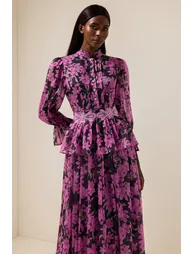 فستان بحزام بياقة عالية بصف أزرار بطبعة أزهار - 5