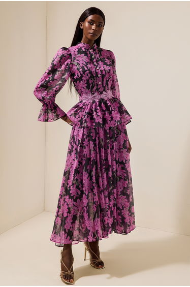 Floral Stand Collar Single Breasted Dress With Belt