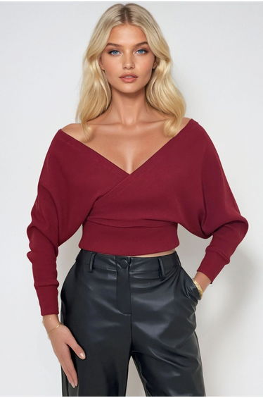 Women's Burgundy Front Back V Neck Double Breasted Blouse