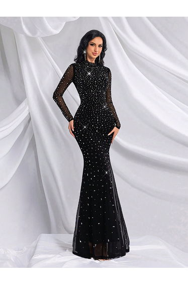 QOQ Black Beaded Chiffon Evening Gown