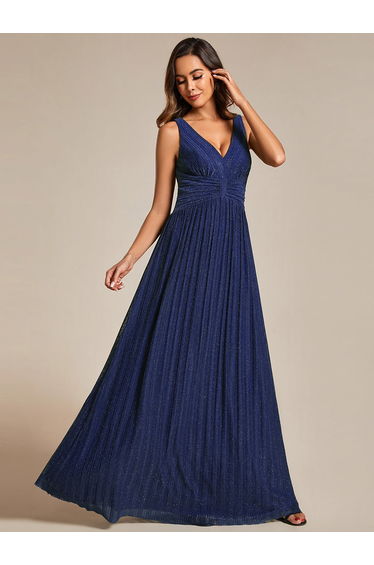 Glittery Sleeveless Pleated Empire Waist A-Line Formal Evening Dress